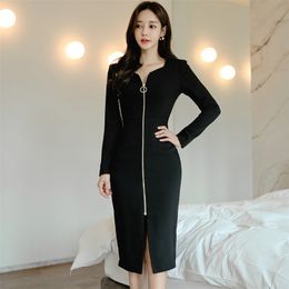 Autumn Winter Long Sleeve Front Zipper up Midi Bodycon Dress Women Black V Neck Slim Casual Office Work Pencil 210603