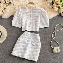 Summer Korean Sweet Two Piece Set Women Outfit Puff Sleeve Crop Top Shirt + Mini Skirt Sets Suits Girls Casual Ensemble Femme 210514