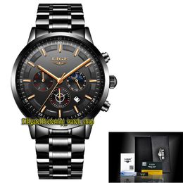 LIGE eternity LG9877 Sport Mens Watches Date Rose Gold pointer Black Dial Japan VK Quartz Chronograph Movement Men Watch Black Steel Case Stainless Bracelet