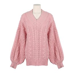 Women Sweater V Neck Pullover Long Sleeve Casual Winter Loose Pink Beige Cable M0314 210514