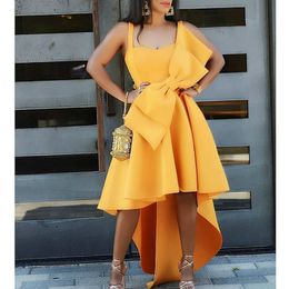 Assymetrical Dress Women Yellow Sleeveless Flare Pleated Evening Party Celebrate Ladies Event Dresses Plus Size XXL with Bowtie 210527
