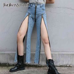 Casual Split Jeans For Women High Waist Patchwork Zipper Irregular Hem Streetwear Denim Pants Female Fashion 210521