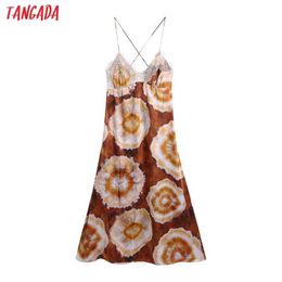 Tangada Women Fashion Lace Patchwork Tie Dyed Dress Vintage Backless Cross Thin Straps Female Dresses Mujer BE942 210609