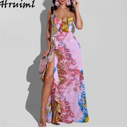 Bohemian Dress Sleeveless Tie Dye Print Summer Sexy Beach es Hem Split Backless Clubwear Party Off Shoulder Ruffle 210513