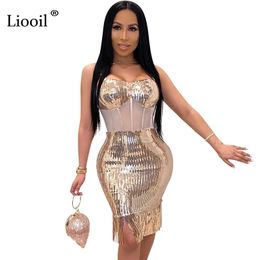 Liooil Gold Black Sequin Mesh Sheer Sexy Bosycon Midi Dress With Tassel Sleeveless Strapless Night Club Party Women Dresses 210323