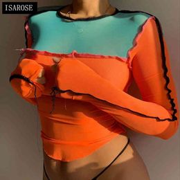 ISAROSE Sexy Mesh Tops Soft Breathable See-through Short T-shirt Long Sleeve O Neck Orange Patchwork Crop Top Fast Shipping 210422