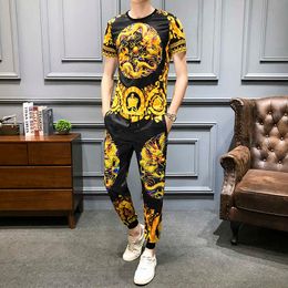 Golden Dragon Print Men's Sportswear Summer T-shirt Pants Casual Suits 2Pcs Tracksuit Men Sweatsuit Luxury Brand Men Clothes 210527