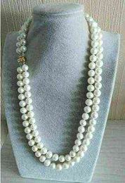 Double Strands Aaa 9-10mm South Sea White Pearl Necklace 14kgp Gold Clasp