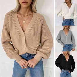 Knit Sweater Women Autumn Female Casual Long Sleeve Button Hollow Cardigan Knitted Sweaters Coat Femme Winter Warm Clothes 210517