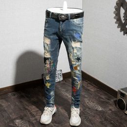Autumn Men New Skinny Patchwork Jeans Size 28 36 Biker Outwear Pants Jeans Hombre X0621