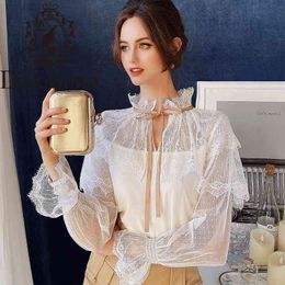 Dabuwawa Bow Tie Lace Women Blouse Shirt Hollow Out Chiffon Female Vintage Blouse Tops Ruffle Sleeve Ladies Blouses DO1AST025 210520
