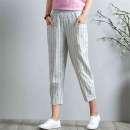 Cotton Linen Harem Pants Women Spring Summer High Waist Striped Pockets Casual Elastic Sweatpants Trousers 210925