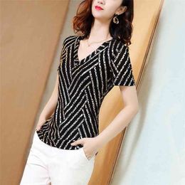 Women's Spring Summer Style Blouses Shirt Women's Striped V-neck Short Sleeve Leopard Knitted Slim Korean Tops DD8773 210323