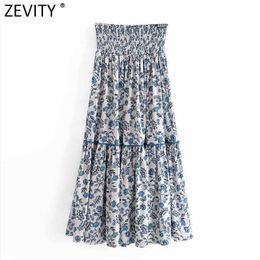 Zevity Women Fashion Floral Print Lace Crochet Stitching Midi Skirt Faldas Mujer Female Elastic High Waist Boho Skirt QUN786 210603