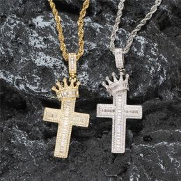 Hip Hop Diamond Crown Jesus Cross Pendant Necklace Iced Out Zircon with Tennis Chain Rapper Jewellery Gift