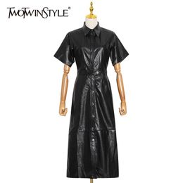 Black PU Leather Dress For Female Lapel Short Sleeve High Waist Midi Dresses Fashion Clothes Summer 210520