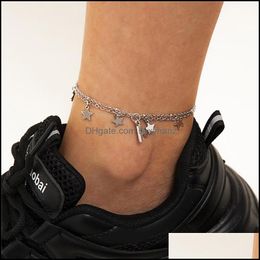 Anklets Jewellery Punk Hip Hop Tassel Letter Star Chain Double Layer Beads Beach Foot Chains European Women Alloy Gold Sier Party Gift Anklet