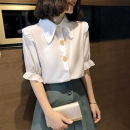 Fashion Women Spring Summer Chiffon Blouses Casual Half Sleeve Peter Pan Collar Preppy Style Shirt Loose Tops DF3646 210609