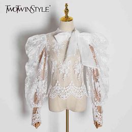 Perspective Embroidery Shirt For Women Stand Collar Lantern Sleeve Sexy Blouse Female Autumn Clothing Fashion 210524