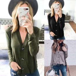 Deep V Neck Basic Style Slim Knitted Sweater Autumn Winter Black Grey Army Green Knitwear Femme Sweater Single Breasted Top 210507