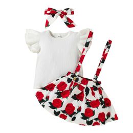 Infant Kids Baby Girls Three Piece Suit Fresh Solid Color Fly Sleeve T-shirt and Flower Suspender Skirt with Headband 1-6T Q0716