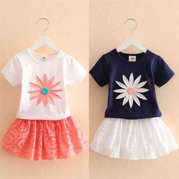 Summer 3-10T Years Kids Girl Birthday Party Elegant Princess Embroidery Floral T Shirt+Hollow Out Skirt 2 Piece Dress Sets 210701