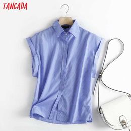 Tangada Women Retro Blue Striped Print Shirt Summer Blouse Oversized Loose Chic Female Tops 4C120 210609