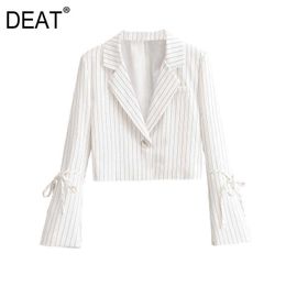 [DEAT] Women Long Sleeve Stripe Single-breasted V-neck Temperament Blazer Coat Autumn Spring Fashion 13C311 210527