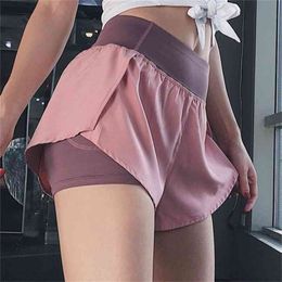 Summer Fake Two Piece Pocket Women High Elasticity Gym Workout Shorts Jogging Fitness Sports Female Elastic Waist Biker 210604