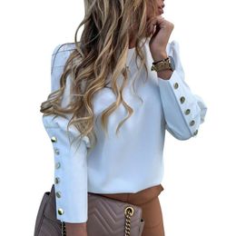 Women's Blouses & Shirts 2021 Work Wear Women Long Sleeve Back Metal Buttons Shirt Casual O Neck Solid Plus Size Tops Autumn Blouse Drop