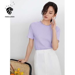 FANSILANEN Office Texture Sense Fungus Lace Short Sleeved Purple T-shirt Summer Solid Colour Round Neck Slim Women Tops 210607