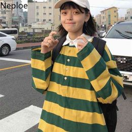 Neploe Ins Fashion Contrast Colour Striped Patchwork Long Sleeve T Shirt Turn Down Collar Long Sleeve Button Tees Casual Top 210324