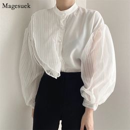 Blusas Puff Sleeve White Shirts Blouse Women Spring Single-breasted Shirt Tops See Through Sexy Loose Female 11256 210512