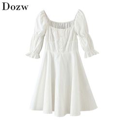 Elegant A Line Mini Dress Women Fashion Puff Sleeve Buttons Solid Cotton Ladies Square Collar Chic White es 210515