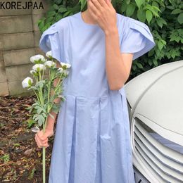 Korejpaa Women Dress Summer Korean Gentle Milk Soft Blue Round Neck Loose High Waist Pleated Design Flying Sleeve Vestidos 210526