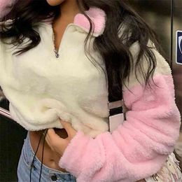 Winter High Street Fleece Lapel Crop Top Womens Full Sleeve Casual Zip Drawstring Contrast Colour Sweatshirt Female Pullover Tops 210517