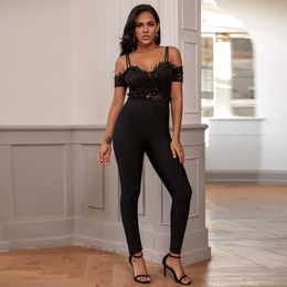 Ocstrade Rayon Black Bandage Jumpsuit Woman Fashion Rompers Sexy Lace Bodycon for Evening Party 210527