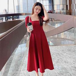 4XL plus size fashion women's dress for summer retro square collar waist slimming mid-length skirt Red 210520