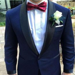 Men's Suits & Blazers Navy Blue 2pcs Shawl Collar Business Coat Wedding Tuxedos(Jacket+Pants)Custom Made Men Set Groom