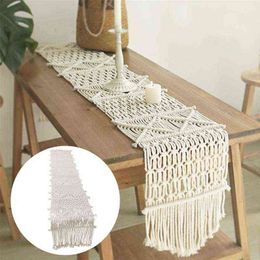 35X220cm Bohemian Crochet Hollow Table Runner With Tassels For Banquet Wedding Party Table Cover Nordic Tablecloth Decoration 211117