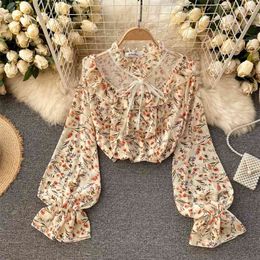 Women's Chiffon Tops Fashion Perspective Mesh Splicing Sweet Round Collar Long Sleeve Loose Floral Print Shirt Blouse Q276 210527