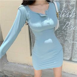 WOMENGAGA Blue Sexy Women Knitting Korean Slim Mini Full Sleeve Dress Dresses Round Neck Buttons Girl Female Q7L7 210603