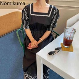 Nomikuma Korean Chic Summer Elegant Dress Women Square Collar Short Sleeve Drawstring Slim Waist Dresses Embroidery Robe Femme 210514