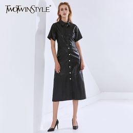 TWOTWINSTYLE PU Leather Tunic Womens Dress Lapel Short Sleeve High Waist Midi Black Dresses Female Fashion Clothing 210517