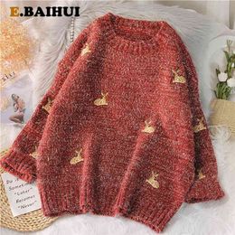 EBAIHUI Women's Kawaii Ulzzang Vintage College Deer Embroidery Sweater Female Korean Thick Cute Loose Harajuku Clothing 210805