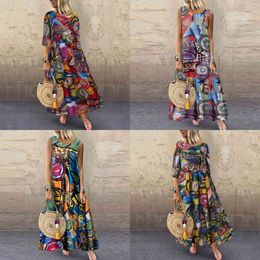 2021 Autumn Summer ZANZEA Pleated Dress Women Vintage Vestidos Robe Printed Long Maxi Dresses Plus Size Femme 3/4 Sleeve Tunic X0521