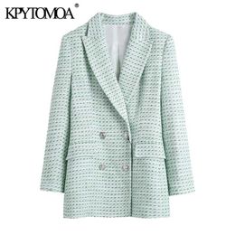 KPYTOMOA Women Fashion Double Breasted Tweed Check Blazer Coat Vintage Long Sleeve Flap Pockets Female Outerwear Chic Tops 211006