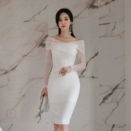 Summer Korean Lace Dresses Mesh Women Long Sleeve Office Lady Bodycon Plus Size XL White Sheath Vintage 210531