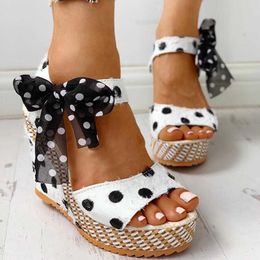 Women Sandals Dot Bowknot Design Platform Wedge Female Casual High Increas Shoes Ladies Fashion Ankle Strap Open Toe Sandals Y0714