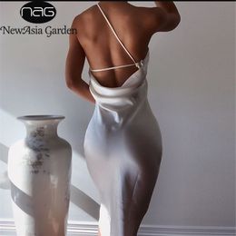NewAsia Backless Lace Up Sexy Dress Women One Shoulder Elegant Party Dress Sleeveless Straight Midi Dresses Club Outfits Clothes 210323